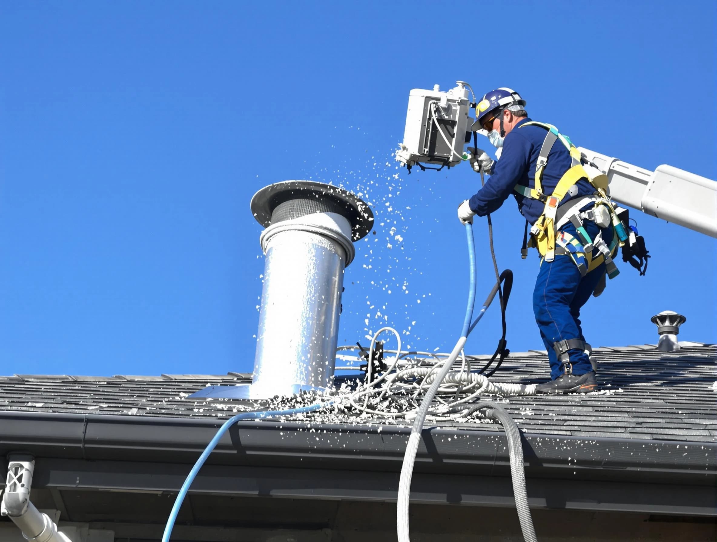 Glen Allen Dryer Vent Cleaning certified technician safely cleaning a roof-mounted dryer vent in Glen Allen