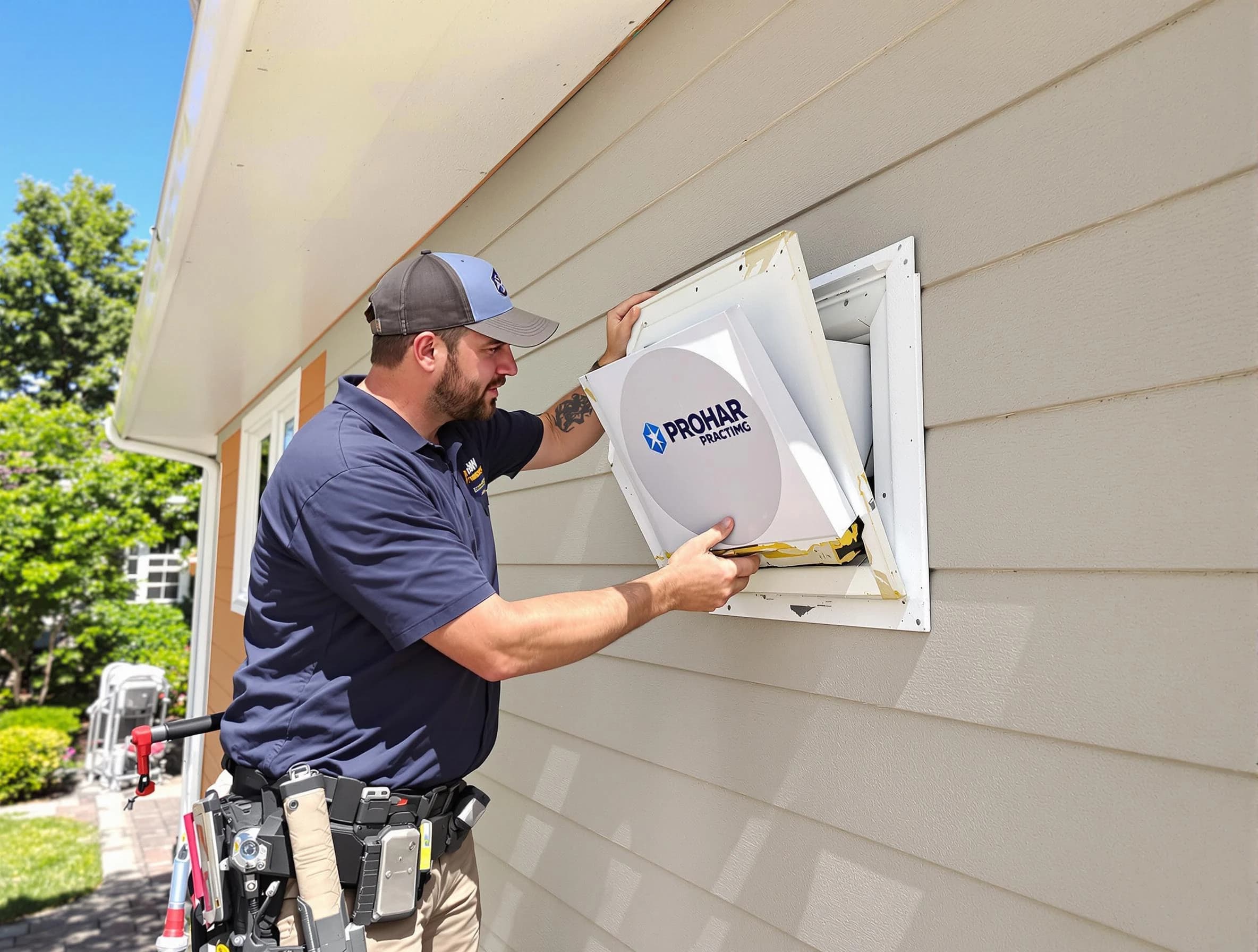 Glen Allen Dryer Vent Cleaning technician installing a new protective dryer vent cover on a home in Glen Allen
