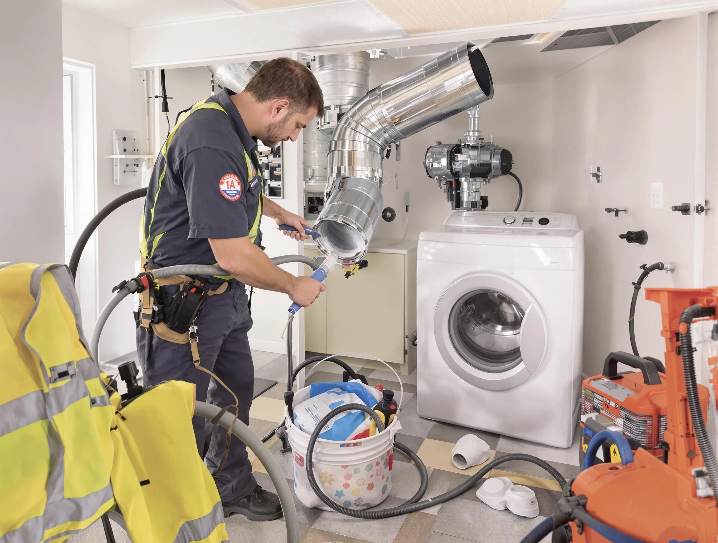 Glen Allen Dryer Vent Cleaning technician using specialized equipment to clear severe dryer vent blockage in Glen Allen